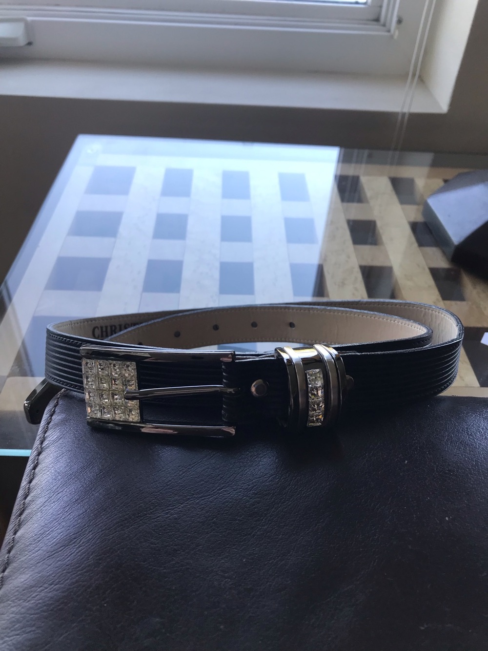 Christine Alexander Designer Women’s Leather Belt with Crystal Buckle.